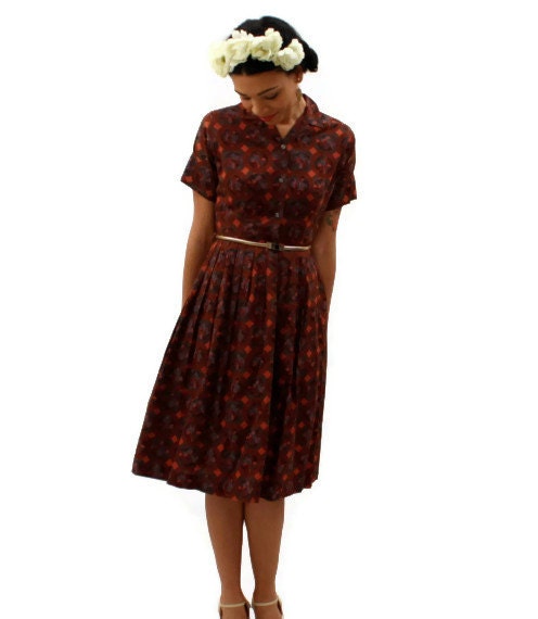 Vintage 50s Day Dress Small Full Pleated A Line Skirt Mid Century Womens Clothing Maroon Burnt Orange and Blue
