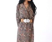 Paisley Print Vintage Dress Black Mint Yellow Peach 80s Batwing Day Dress Small Medium