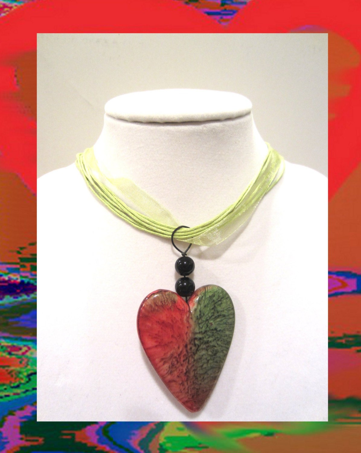 Artistic Jewelry,Handmade Original Jewelry , Funky Heart Necklace With Black Wire Art And Organza & Cord