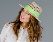 Fedora Straw Sun Hat with Open Weave and Neon Hat Band