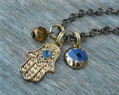 Hamsa Necklace, Hand of Fatima Necklace, Evil Eye Necklace, Blue Evil Eye, Charm Necklace, Gold Necklace,
