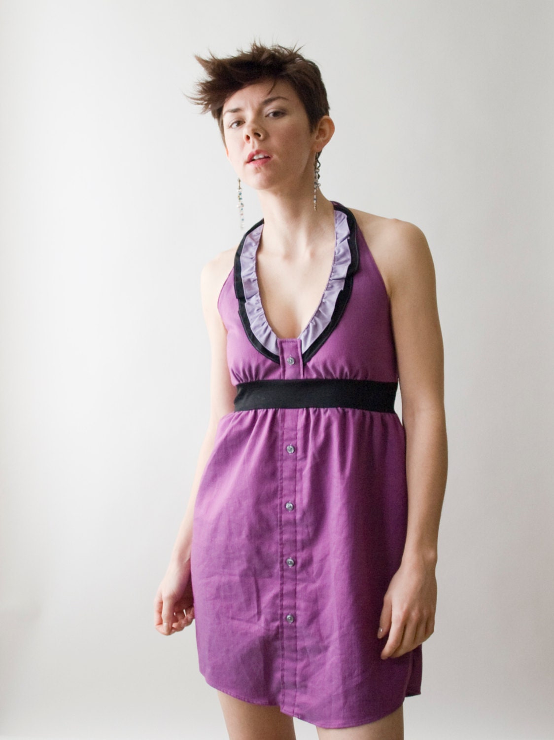 purple and black halter OOAK sundress with matching ruffle and accents made from upcycled men's dress shirt - medium