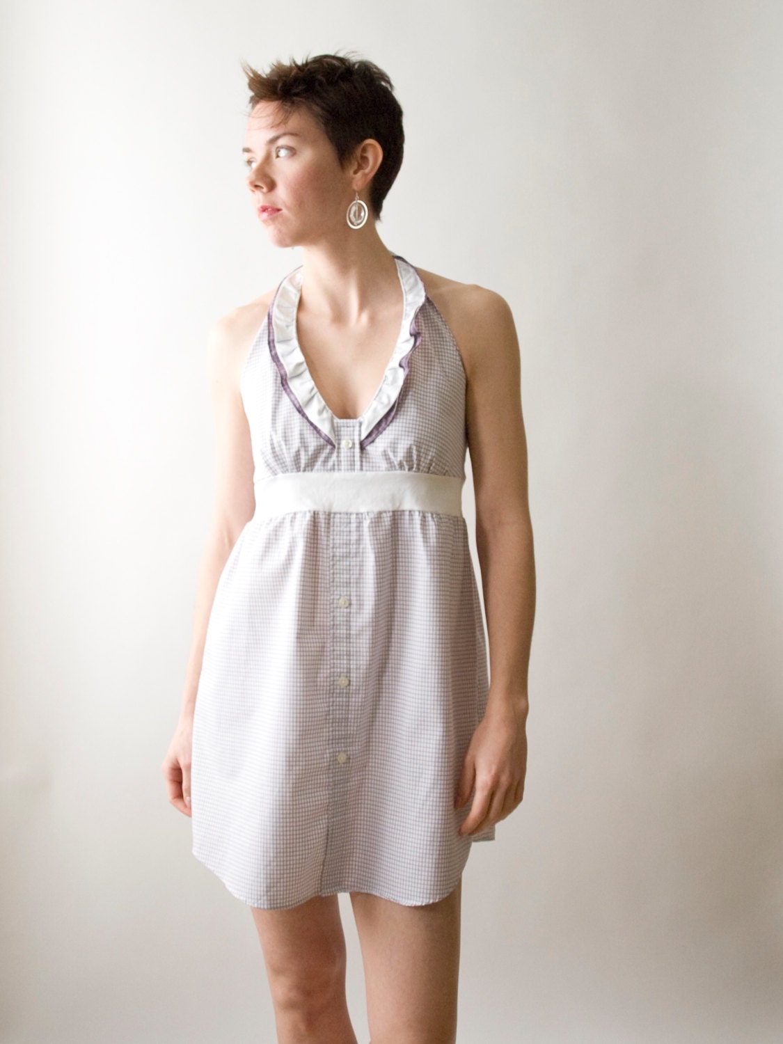 spring halter OOAK sundress lavender checked with matching ruffle and accents made from upcycled men's dress shirt - medium
