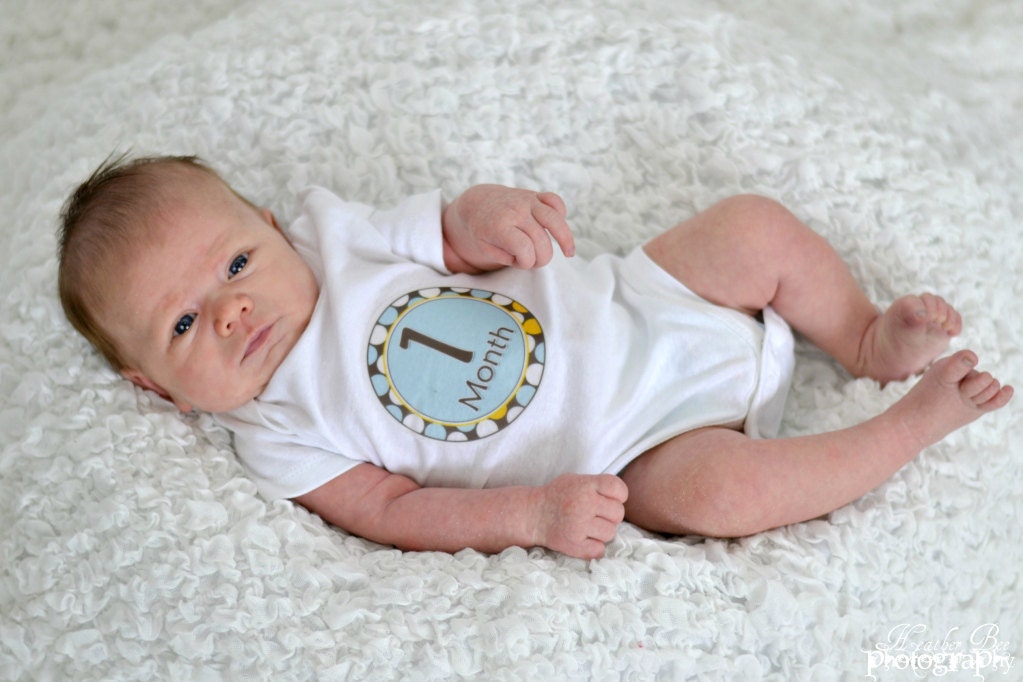 Monthly Onesie Stickers - Tanner - Preppy Polka Dot and Chevron Patterns in Blue, Yellow, and Brown - Baby Month Stickers