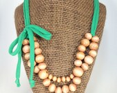 Wood bead t-shirt necklace, adjustable, Emerald yarn