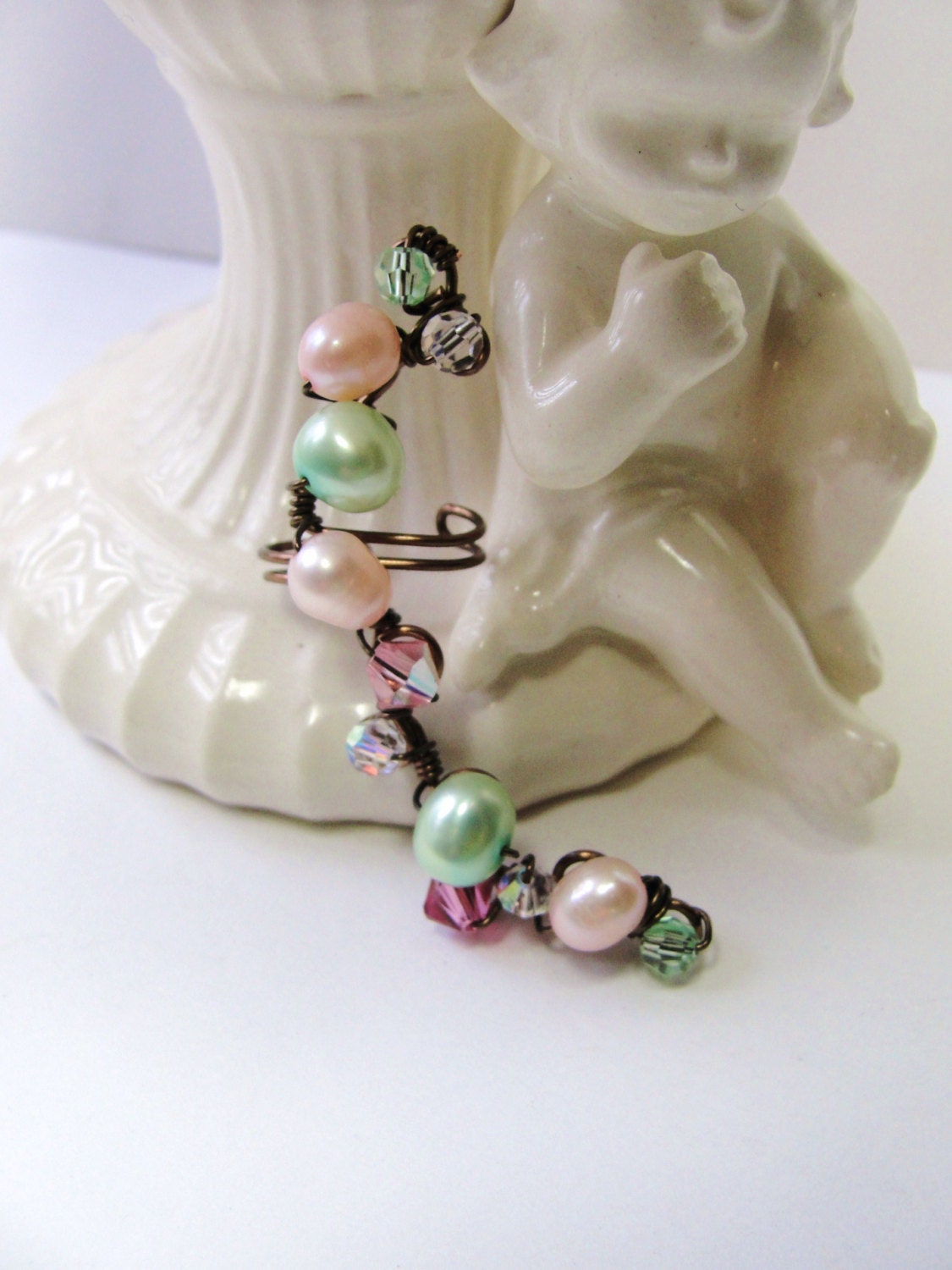 Mint Green Pearls Ear Cuff, Pink Pearls, Blush, Freshwater Pearls, Sparkling Swarovski Crystals, Ear Vine, Twisted Bronze Wire