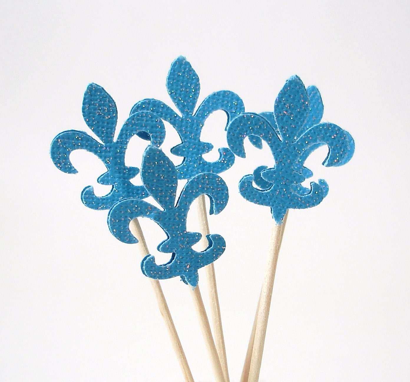 24 Glittered Blue Fleur De Lis Party Picks, Toothpicks, Cupcake Toppers, Food Picks - No403