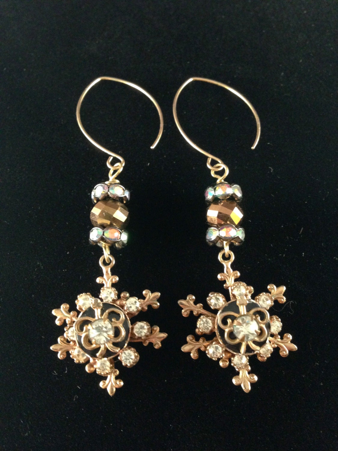 Vintage Brass Snowflake earrings Black and Rhinestone starbursts - 14Kt gold filled earwires - repurposed - assembled from vintage