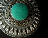 Huge Middle Eastern Medallion Pendant / Repouseed Filigreed Silver, Old TURQUOISE, Touch of Golden Brass / gl40