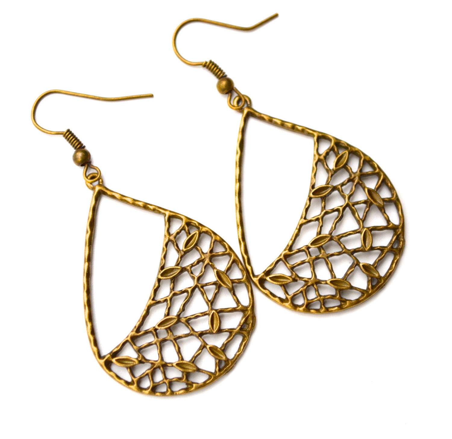 Teardrop Leaves and Vines . Earrings . Antiqued Brass