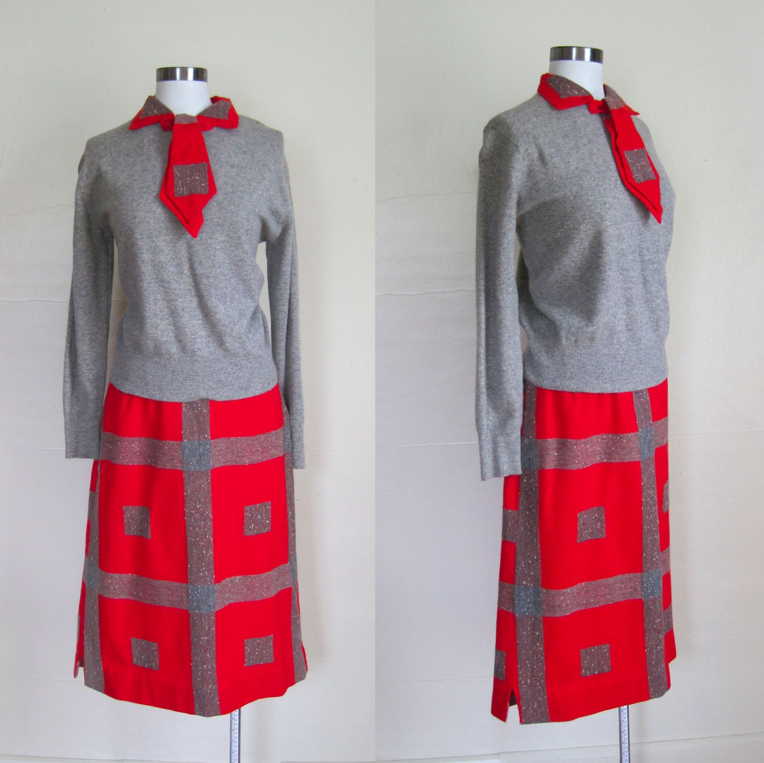 1960s Dress / 60s Skirt and Sweater Set / Red and Grey Knit M