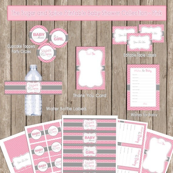 Sugar and spice baby shower package, chevron baby shower, pink and grey, pink and gray baby shower, printable, (INSTANT DOWNLOAD) - design1 Il_570xn