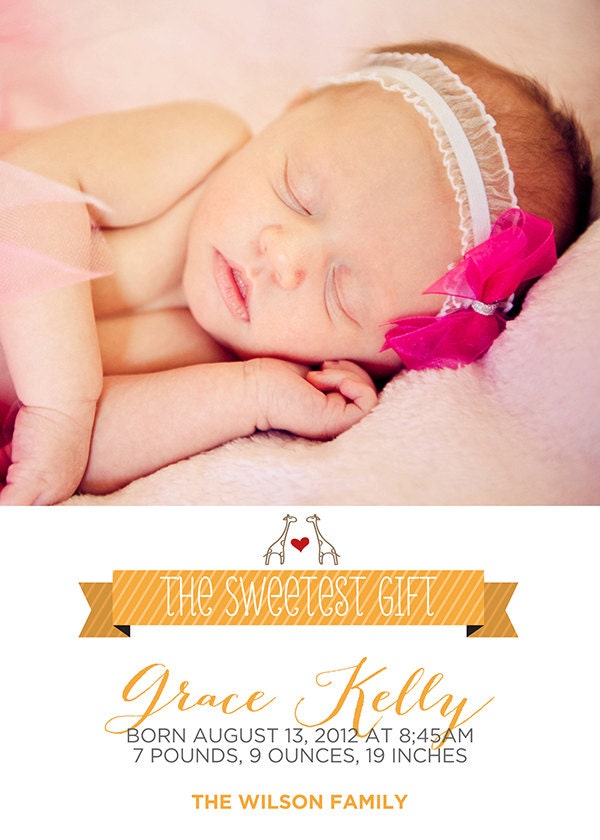 Sweetest Gift Photo Birth Announcement - Customizable - Quantity 50