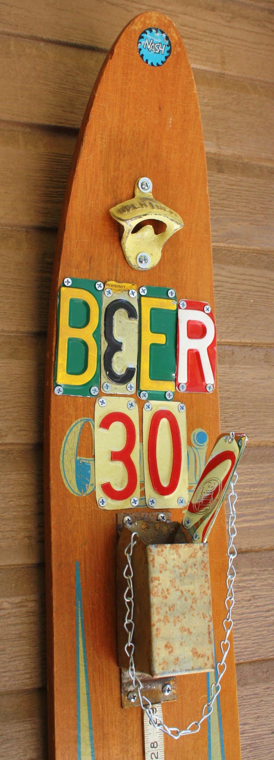 Vintage Wooden Water Skis Beer & Soda Coke Bottle Opener of Recycled Found Object Furniture