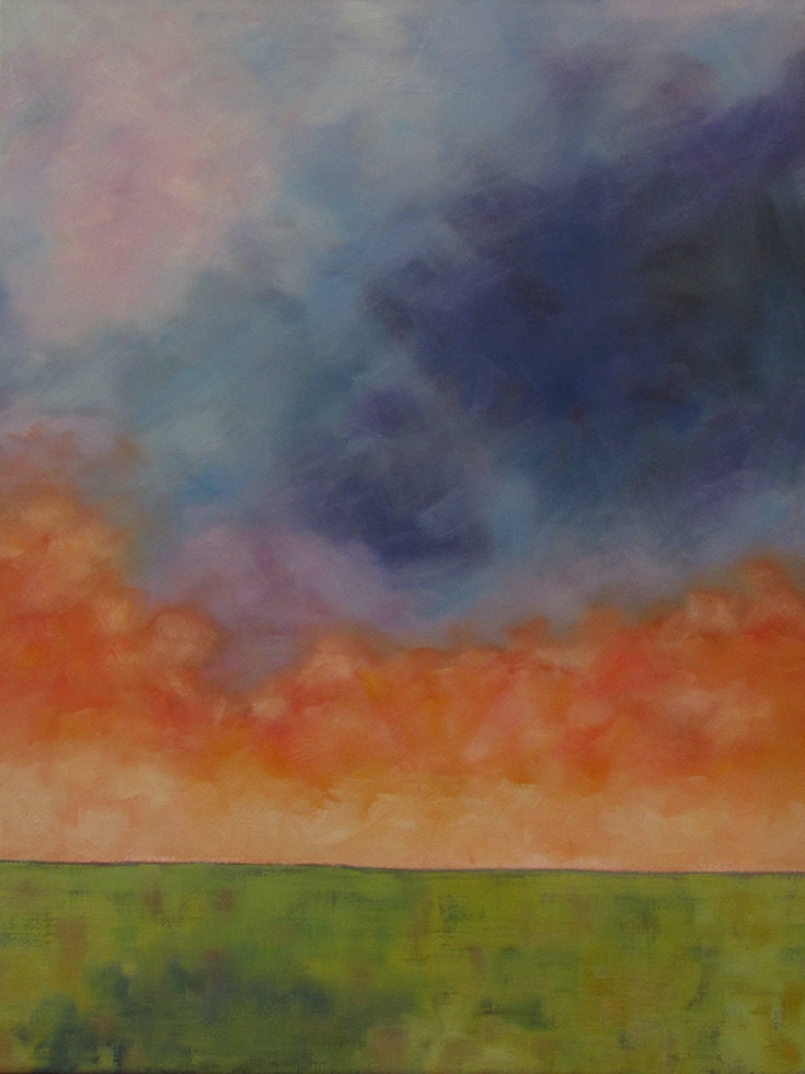 Dramatic Landscape - Skyscape with dark clouds and orange light on the horizon. Original painting in oils .Vertical landscape