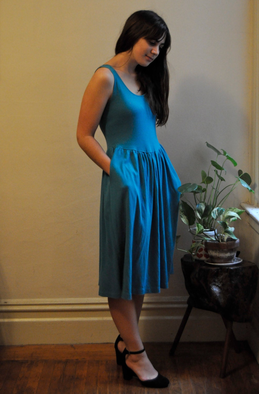 80s Comfortable Teal Blue Dropped Waist Midi Dress