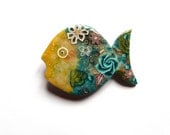Fish Brooch named ELIOT  - polymer clay artisan made jewelry - Yellow Blue decor, with white green - fish collectibles