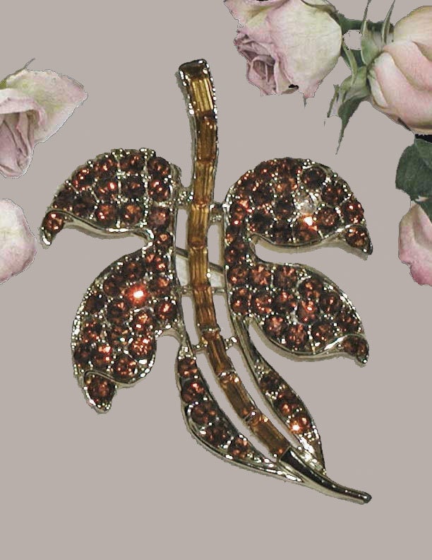 Vintage Leaf Brooch With Brown Rhinestones