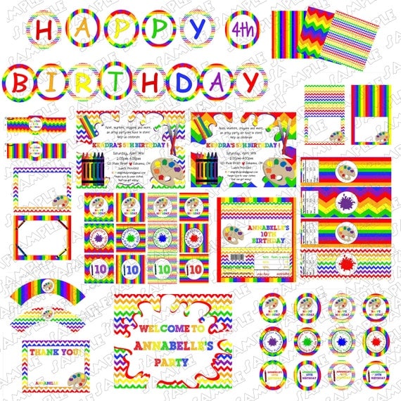 Rainbow Art party complete party package printable with personalization by delightfulprints Il_570xn