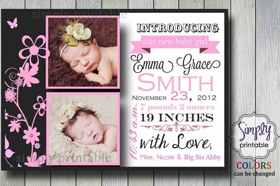 Printable Birth Announcement for Girls Il_570xn