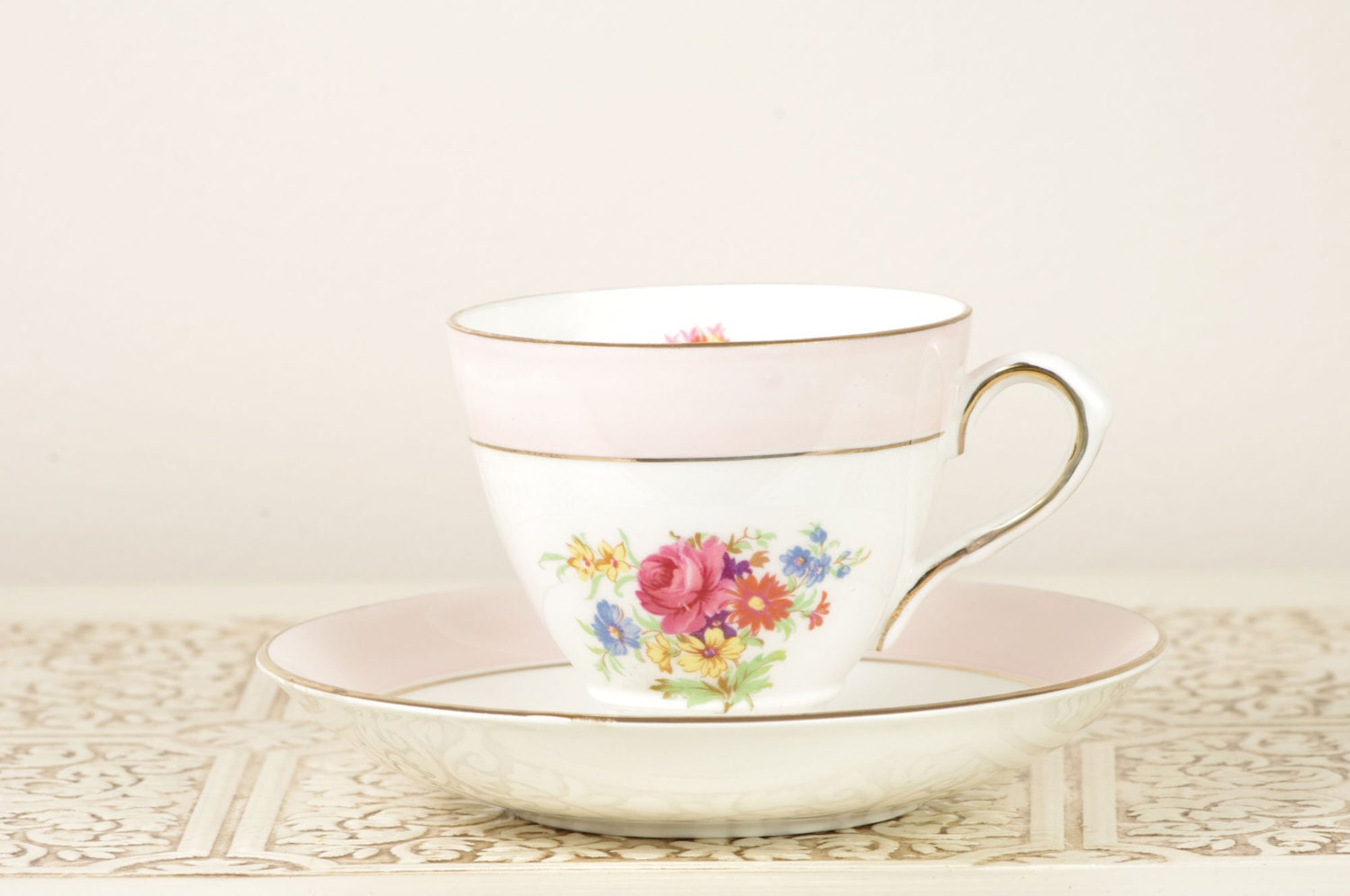 Vintage Royal Taunton China Tea Cup and Saucer - Pink and White with Wildflowers