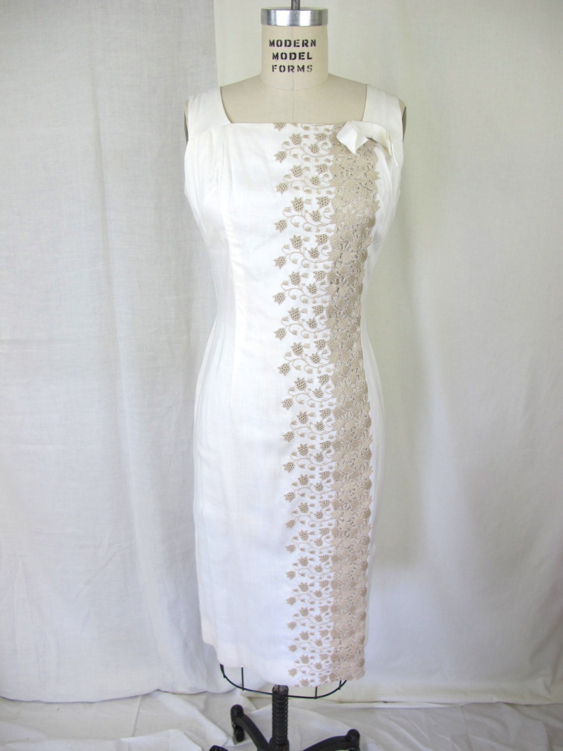 1960s White and Taupe Embroidered Sun Dress
