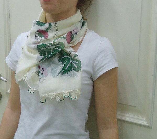 Turkish Floral COTTON SCARF with needle lace,lacework,ivory,spring summer scarflette,mother days gift