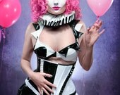 Pierrot Clown inspired Artifice 34-36 A/B Black & White Pvc bra with adjustable plastic snap back and halter strap(photoshoot sample)