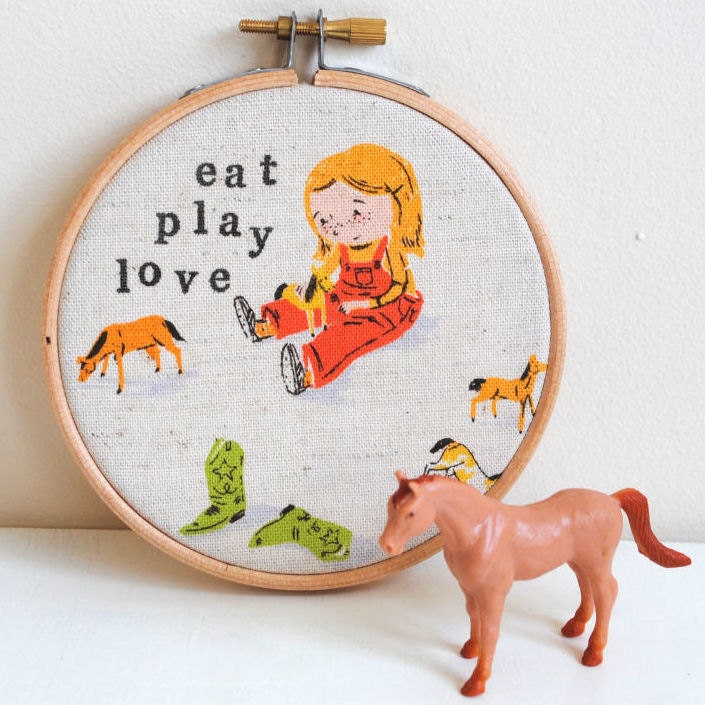 Eat Play Love - Wooden Embroidery Hoop Fabric Wall Art -  Nursery Decor, Children's Bedroom, New Baby Gift