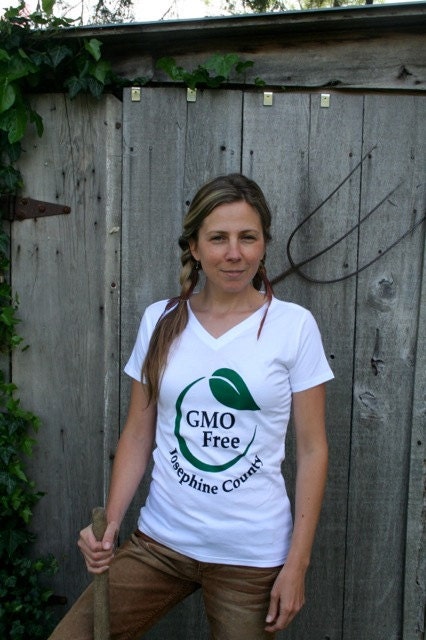 GMO Free Josephine County Women's T-Shirt- Organic Cotton V neck- White- S,M,L,XL- Stop Monsanto- Profits Donated to GMOFJoCo