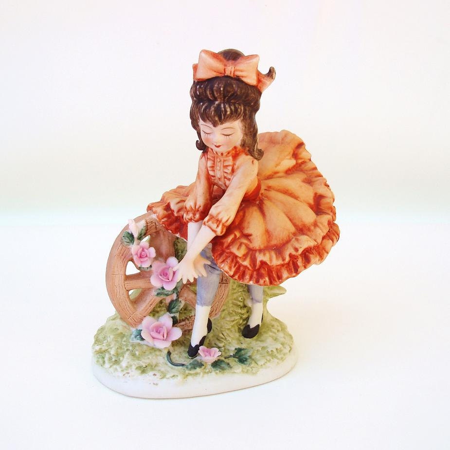 Little Girl Room Decor, Lefton Figurines, Bisque Porcelain / Orange - Pink - Green