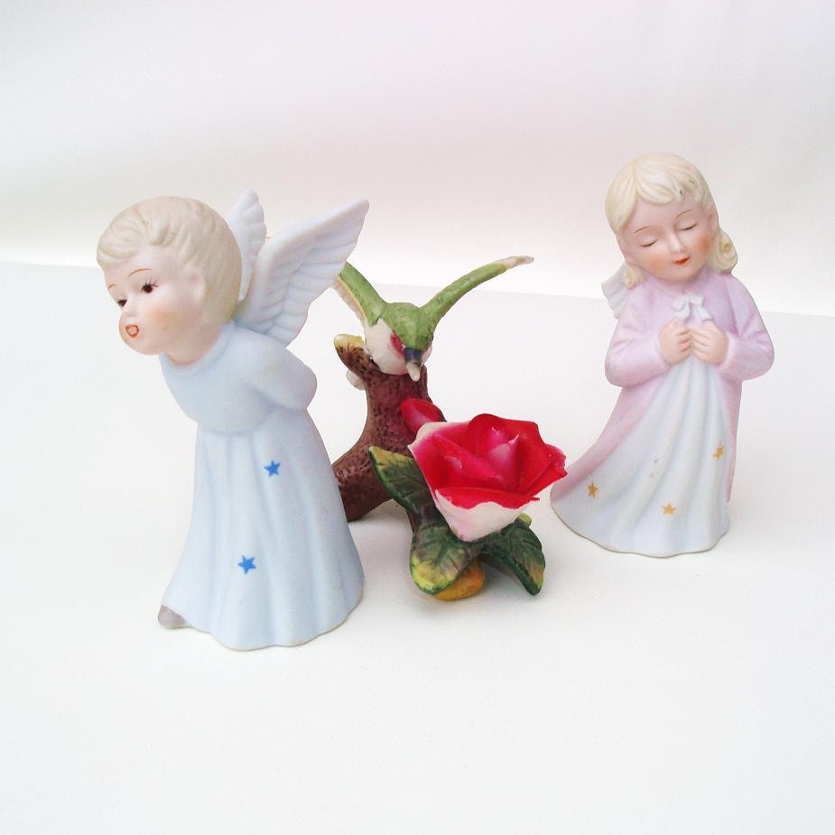 Angel Figurines / Cherubs, Lefton Figurines, Blue Boy, Pink Girl, Ceramic Bisque