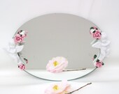 Mirror Vanity Tray, Cherub Tray, Mirrored Perfume Tray,  Oval Mirror - Pink Roses - White Angels
