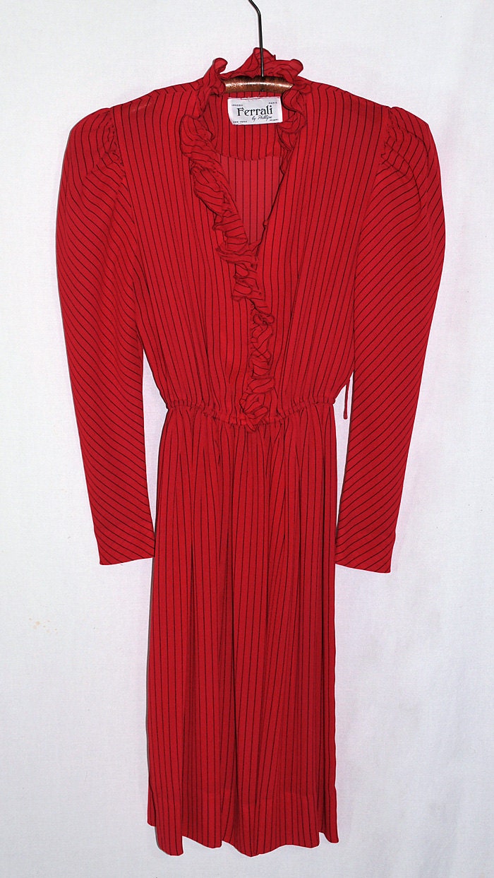 Vintage 70s 80s Sheer Red Pinstripe Dress Puff Slvs