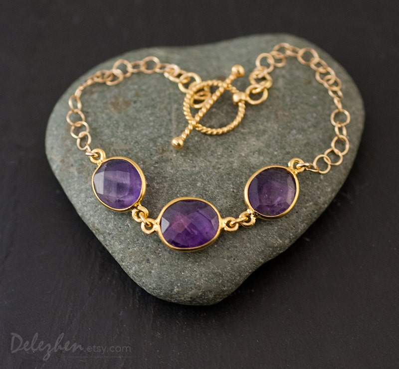 Purple Amethyst Bracelet - Toggle Clasp - Gold Gemstone Bracelet - February Birthstone Bracelet - 3 Stone bracelet - Gemstone connectors