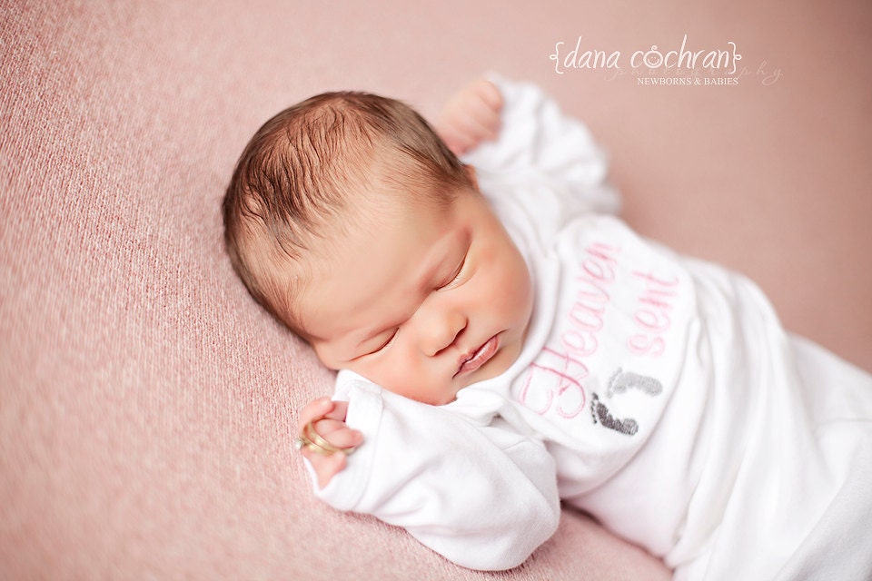 Personalized Embroidered Sleep Gown- Layette Gown- Baby Gown- White 0-3 Month Heaven Sent Embroidered Sleep Gown