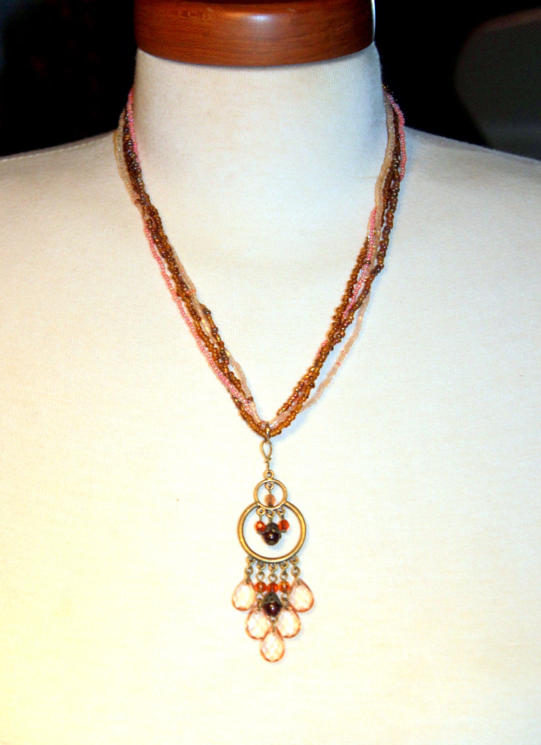Grapefruit Sun Necklace Up-cycled Re-purposed Jewelry Boho Beaded Fringe Necklace