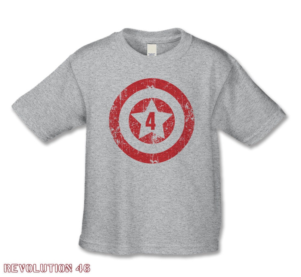 4th Birthday Shirt  -  American Superhero Birthday Party  Distressed TShirt - Number 4 Shirt   (CA 4  1064 Red Ink)