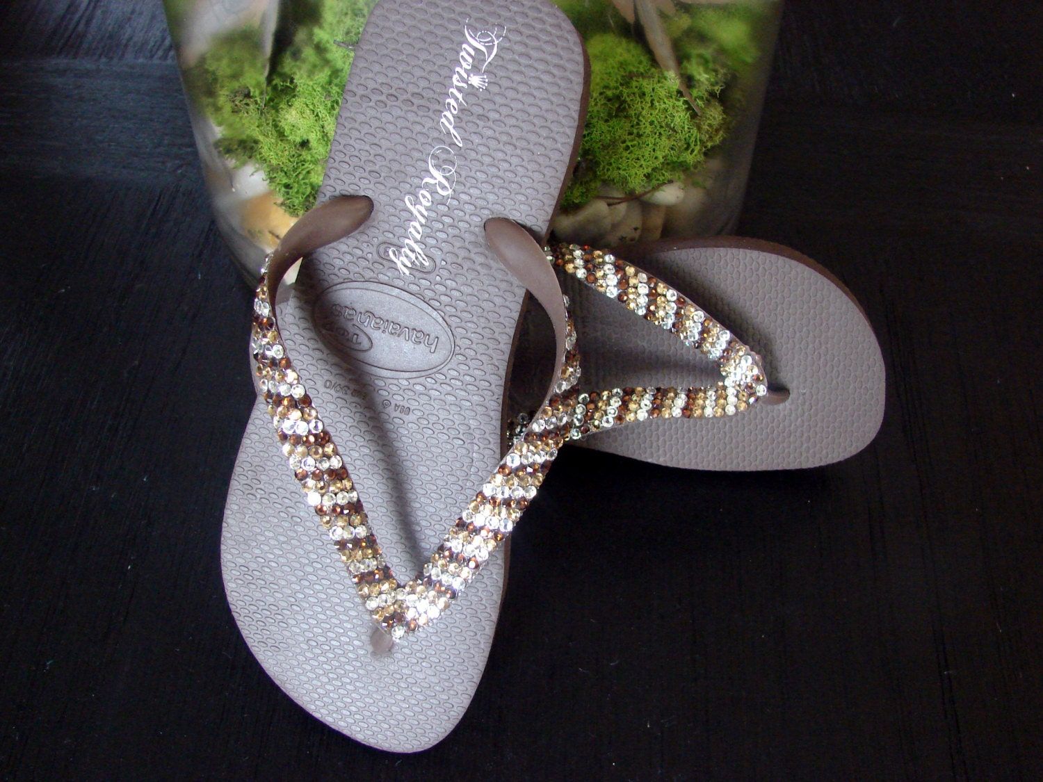 Low Brown Patchwork Swarovski Crystal Flip Flop
