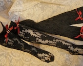 BJD stockings, black lace, red bow