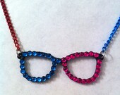 Fun two toned pink and blue bling glasses necklace, geekery geek jewelry