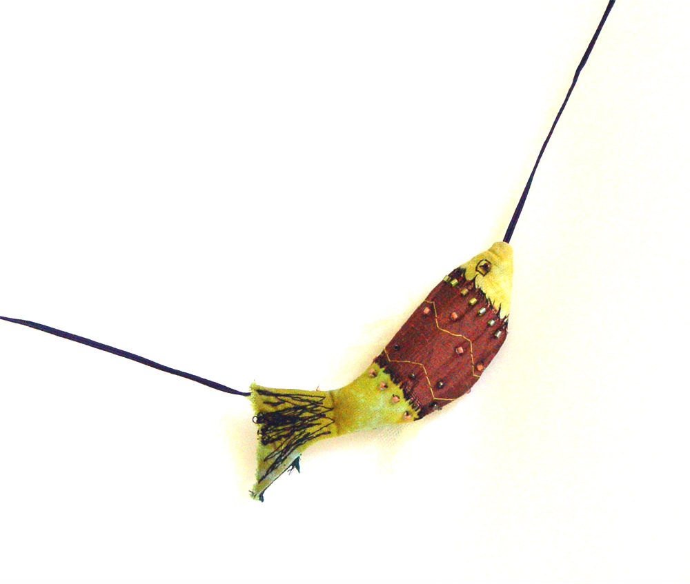 Silk pendant, fish necklace, art to wear, mauve yellow green, art jewelry, fish pendant