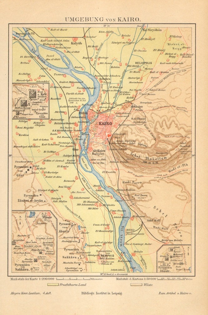1890 Original Antique Map of Cairo and its Surroundings, the Pyramids, Sakkara, Memphis, Egypt - CabinetOfTreasures