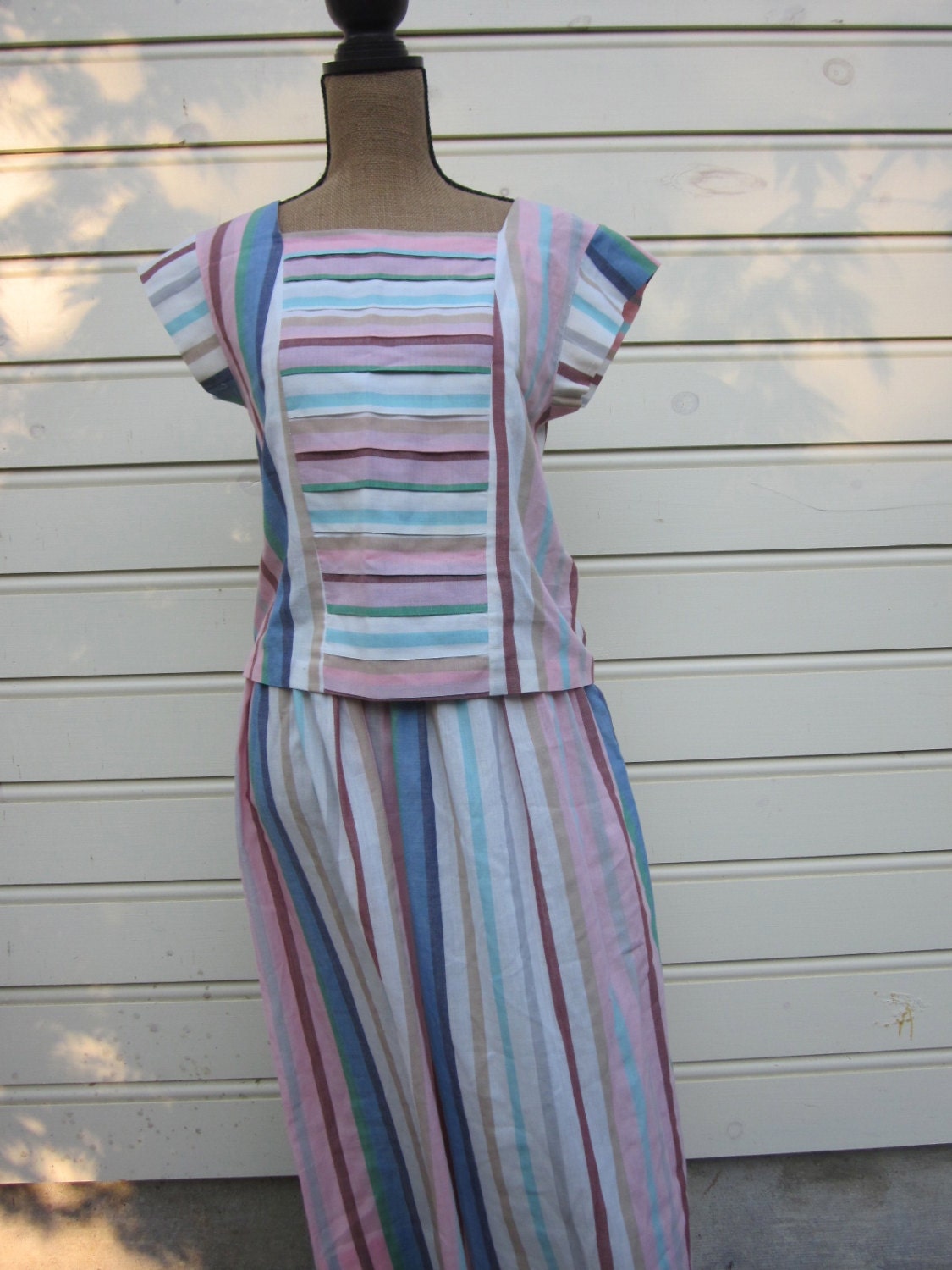 Lovely Vintage 2 Pc Handsewn Dress, Skirt and Blouse, Retro Stripes, Pink, Blue, White, Brown