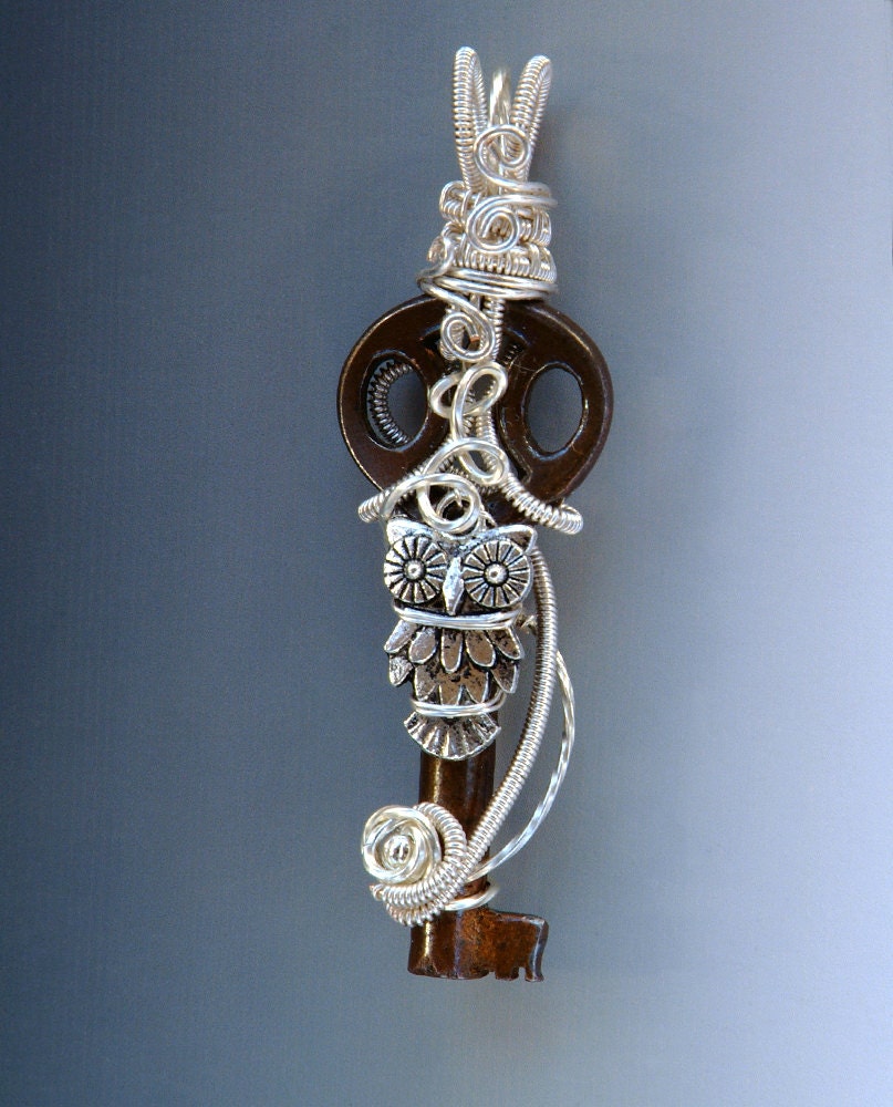Owl Skeleton Key Pendant Necklace, brass antique skeleton key, silver owl, wire wrapped skeleton key, wire woven key pendant