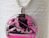 Painted Modern Graffiti on Glass Pendant Charm in Black and Pink