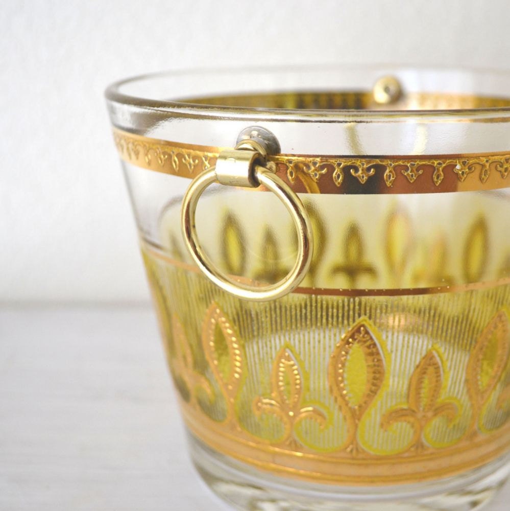 Culver Glass Ice Bucket 22 Kt Gold Design Metal Handles Vintage 60s Mid Century