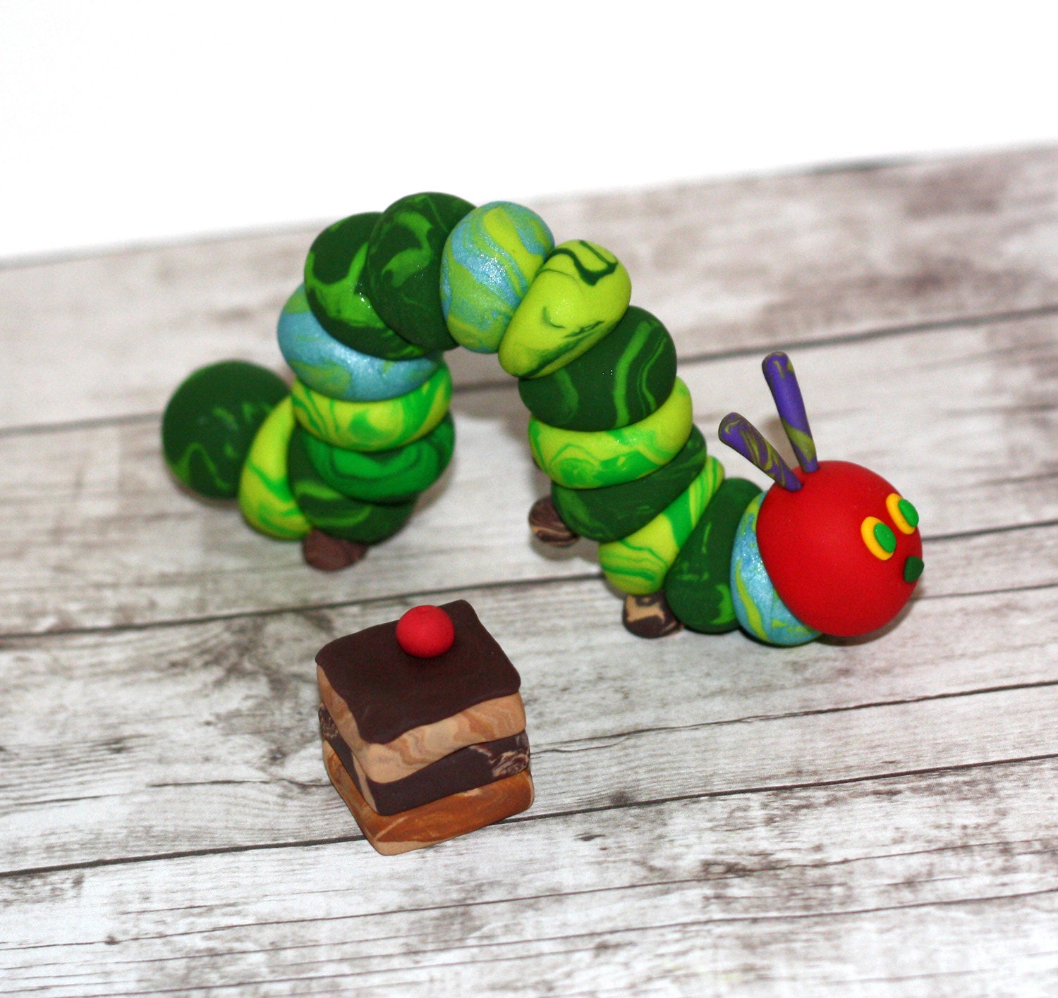 The Very Hungry Caterpillar with Chocolate Cake - Clay Birthday Cake Topper