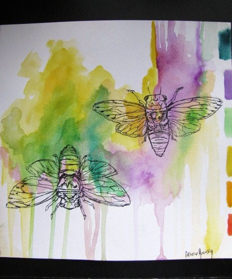 Cicada Ink Drawing with Colorful Abstract Watercolor/ Original Painting Drawing Illustration