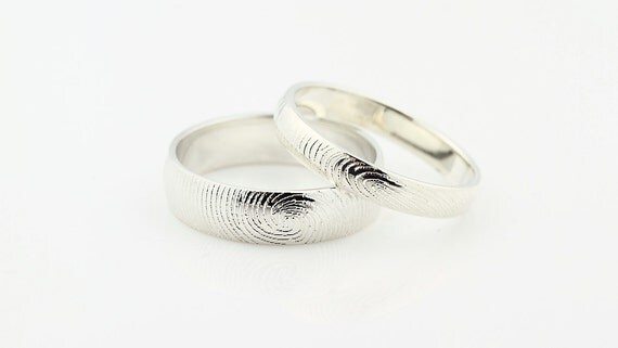 Custom Fingerprint Ring set - Sterling Silver Custom Wedding or Commitment Band -non blackened,6mm,4mm